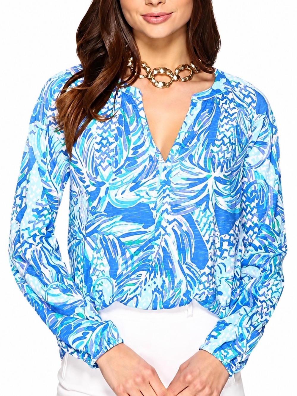 Lilly Pulitzer Meg Top Canopy Chaos Print 100% Cotton Long Sleeves size Small